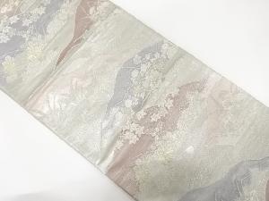 アンティーク　山並に杜若・秋草模様織り出し袋帯（着用可）